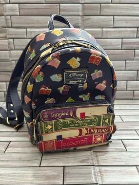 Disney Loungefly Princess Storybook Allover Print Mini Backpack w/ Book Zipper